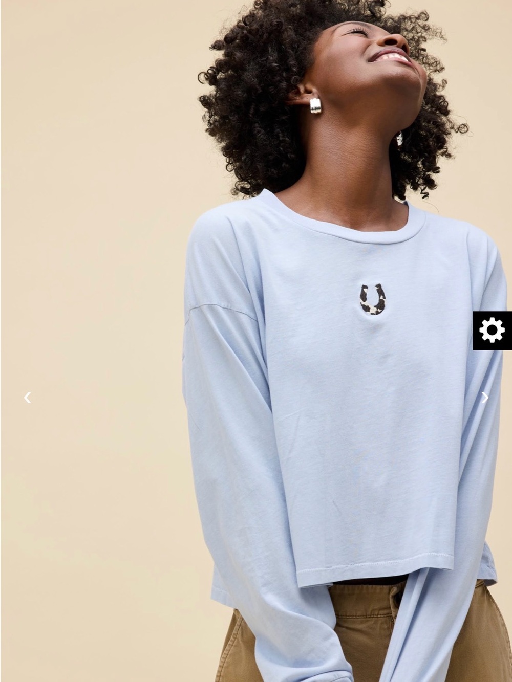 Daydreamer Light Blue Cropped Long-Sleeve Pullover with Cute Horseshoe Patch - Picture 2 of 4